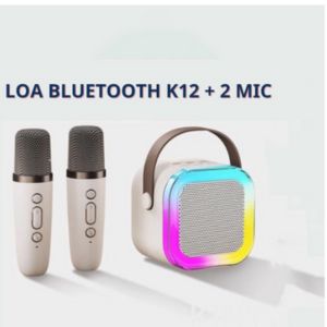 Loa Karaoke Bluetooth Mini K12 Có Đèn LED Kèm 2 Mic Không Dây